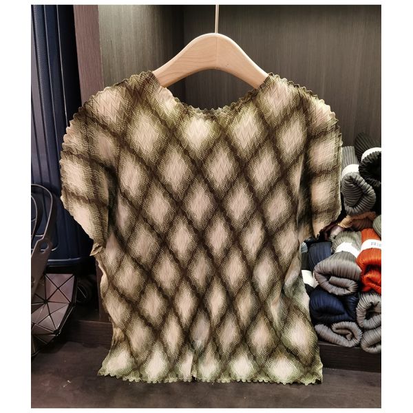 Women's Summer Casual Top Thin Diamond Mesh Printed Short-Sleeved T-Shirt Polyester Slimming Neck Versatile Plaid Pattern