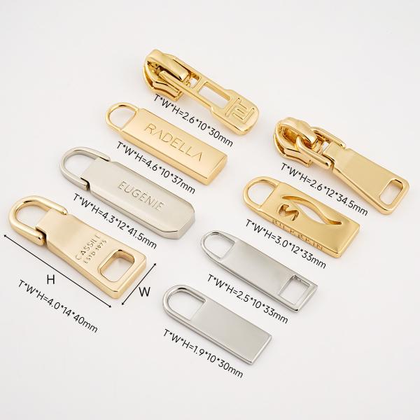 Gold Plated Metal Zipper Pull Slider Type Non Lock Customized For Bags 3 Engraving Logo