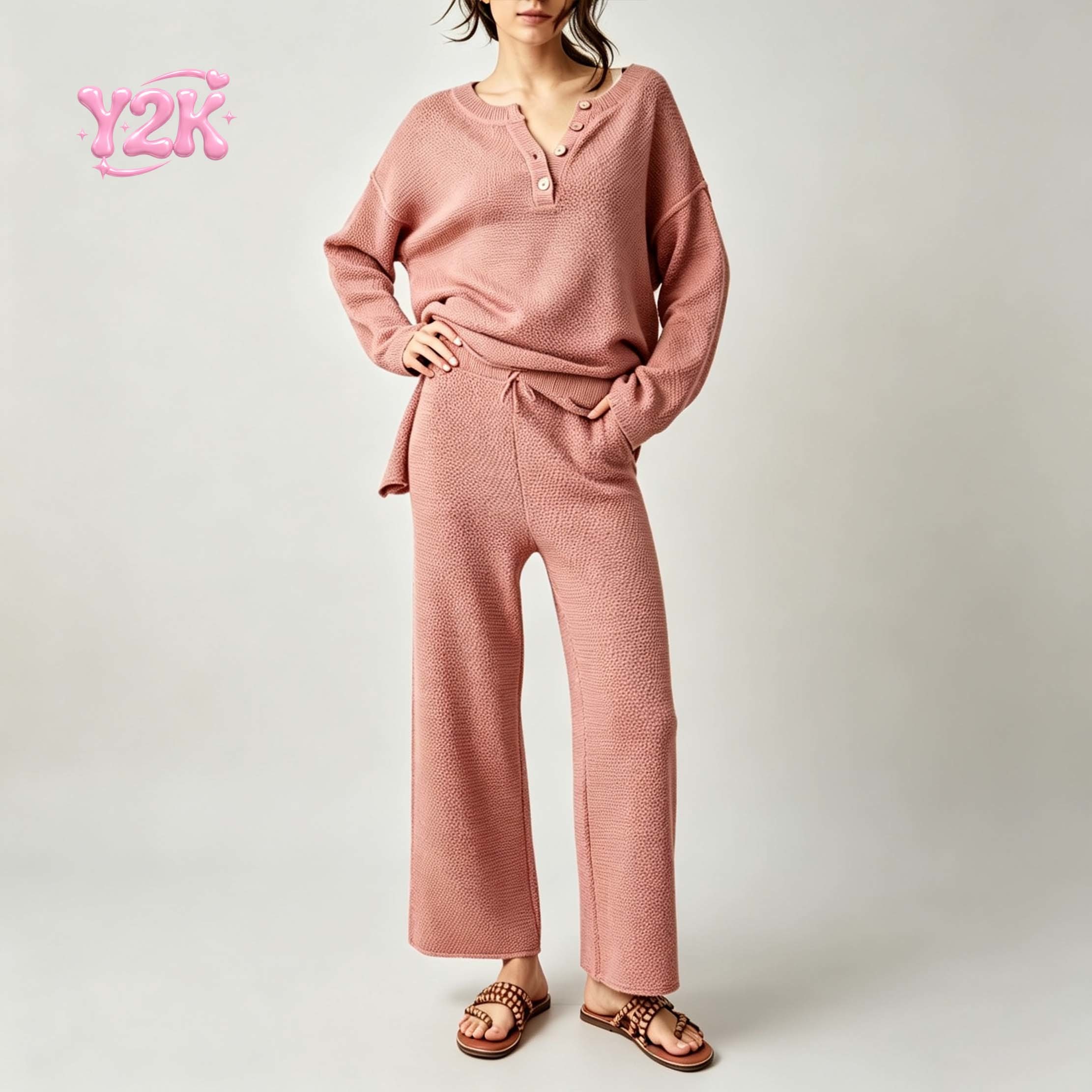 Custom Women's Waffle Henley Top Cropped Wide Leg Pants Set