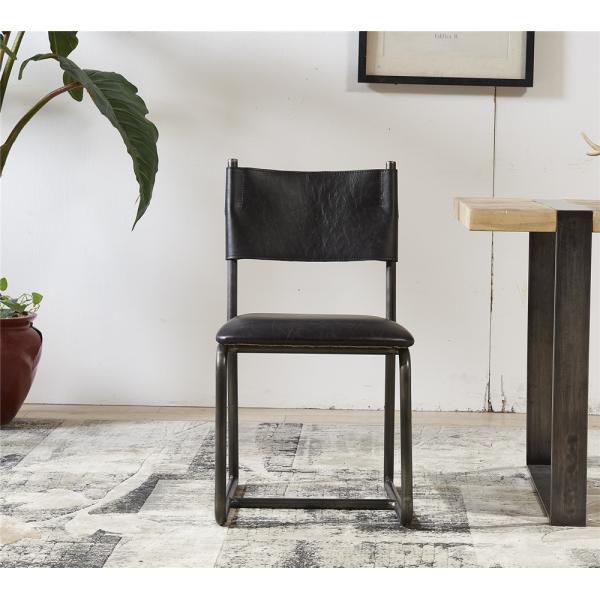 Vintage Top Genuine Black Leather Padded Dining Room Chairs Steel Frame European Style