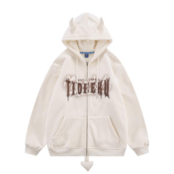 8oz 12 Ounce Zipped Hooded Sweatshirt Devil Horn Printed Fleece Blank Unisex Couple Men Oversized Full Zip Up Pullover