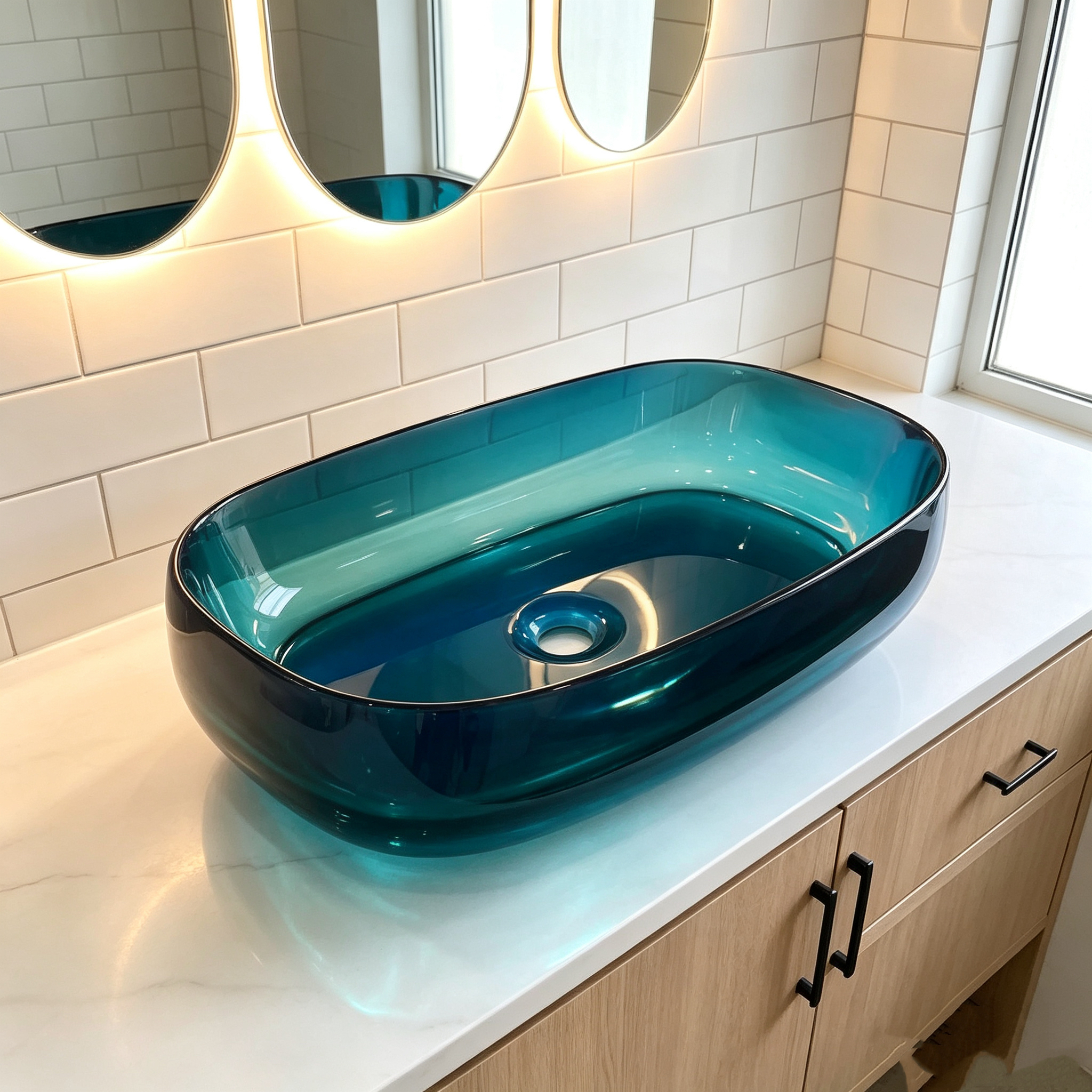 Deep Blue Transparent Resin Countertop Solid Surface Basin Vessel Sink Custom For Hotel Bathroom