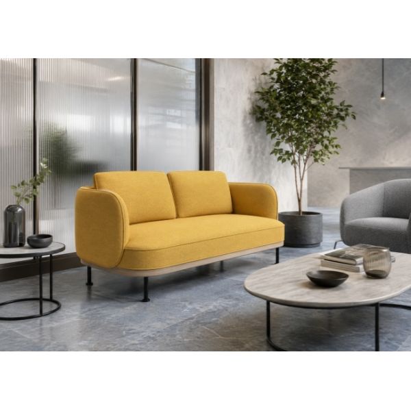 Upholstered Commercial Sofa Rounded 3 Seater Sofa With Wood Base For Hotel Lounge