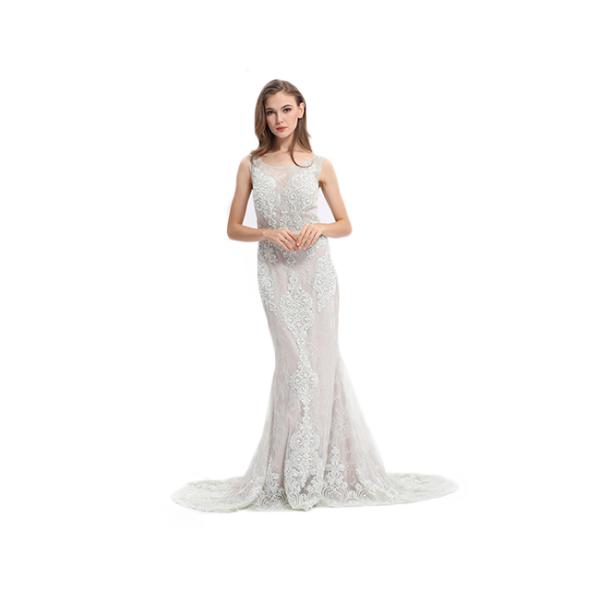 Simple Design Lace Fabric European Style Evening Dresses White Color With Sash