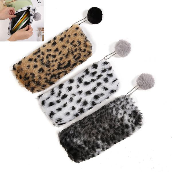 Creative Leopard Print Plush Pencil Case Cute School Bag Stationery Pencilcase Girls School Supplies Student Storage Bag