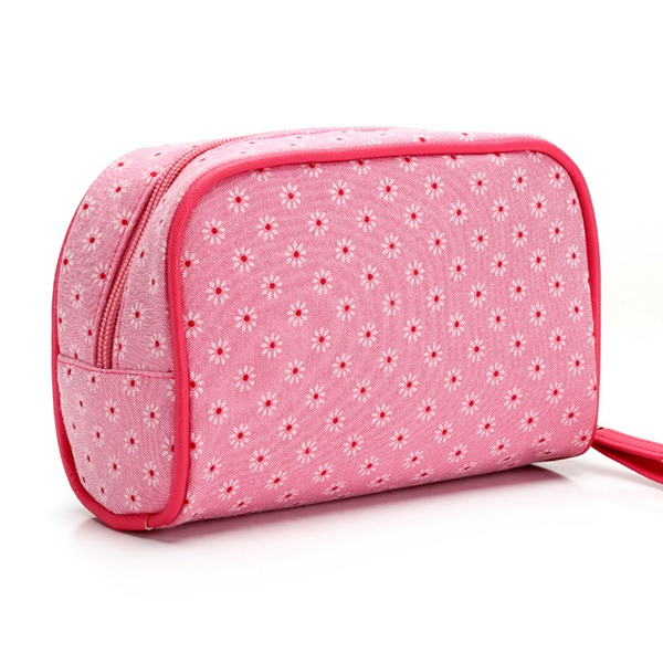 Female Custom Cosmetic Bags , Floral Cotton Double Zipper Makeup Pouch For Purse