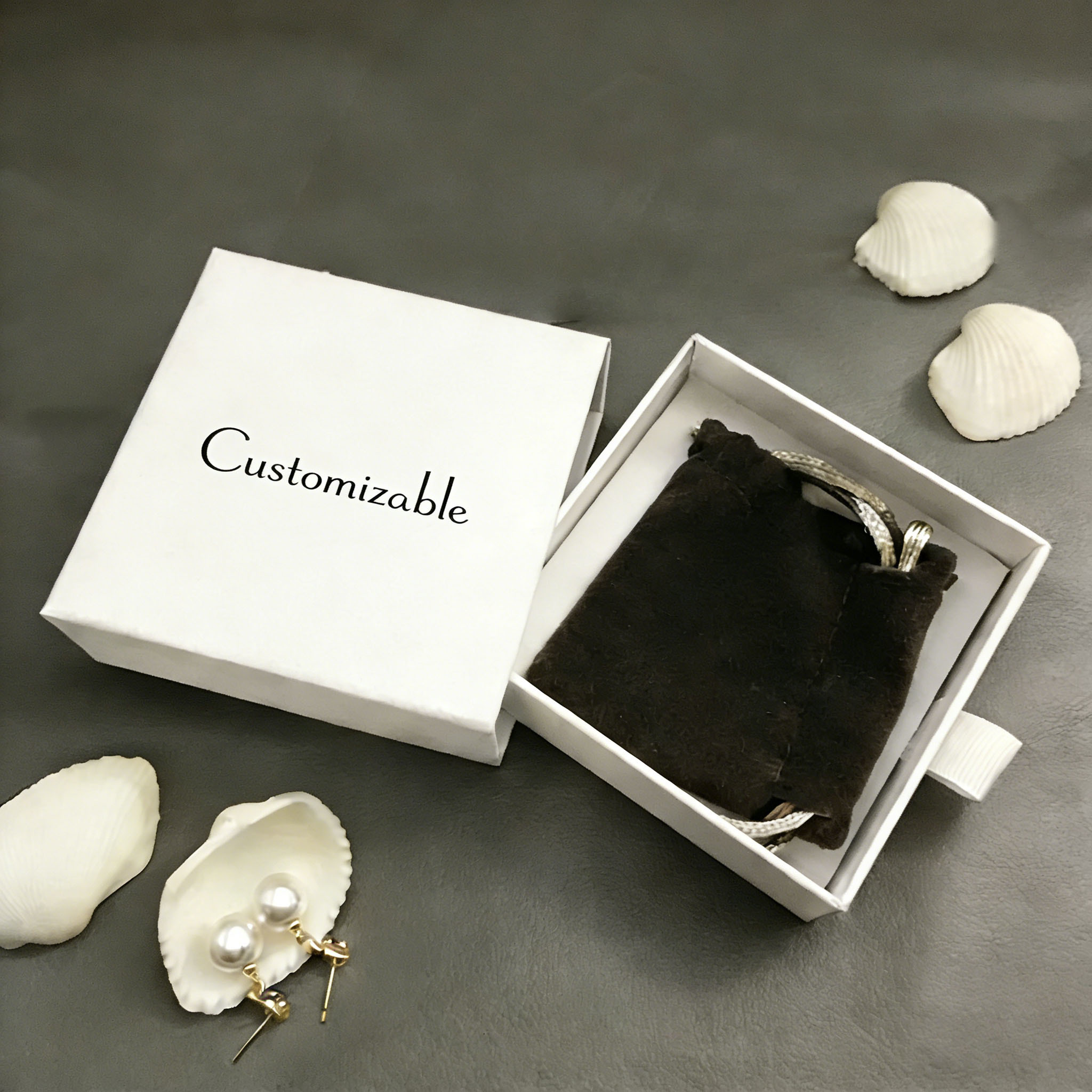 Jewelry Paper Box customizable with logos hot stamping embossing and silver stamping made from thick rigid greyboard and art paper