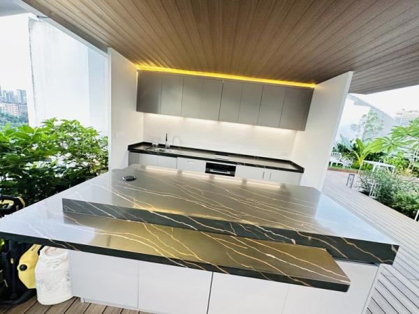 Armários de cozinha de aço inoxidável minimalista com bancadas de quartzo preto