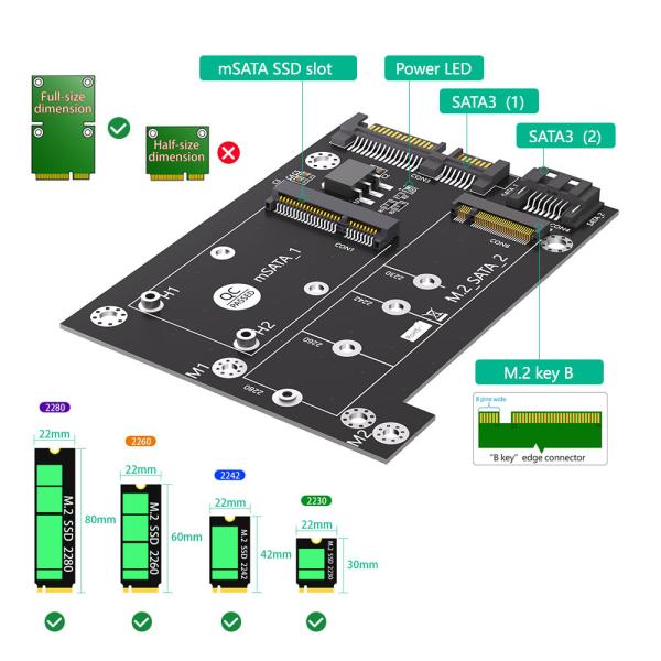 MSATA to Dual SATA3 Converter Adapter Card for Upgrade Version 2 in 1 M.2 NGFF SSD
