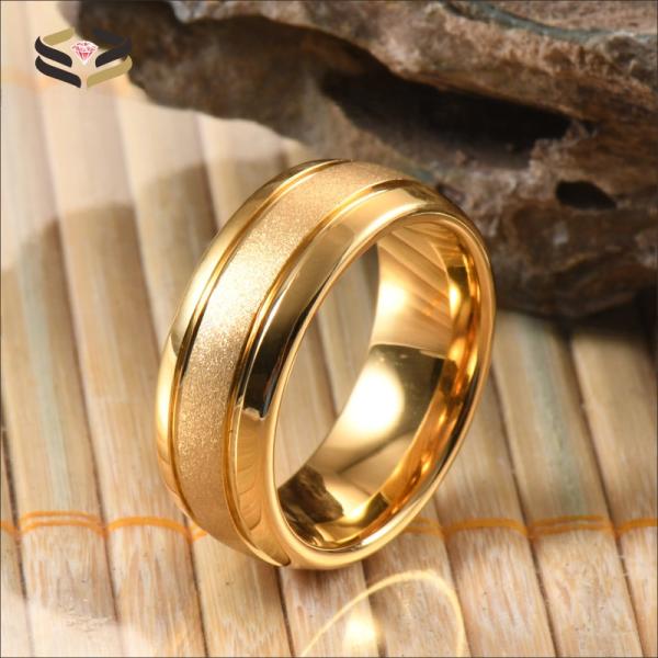 Mens 18K Gold Tungsten Wedding Band Ring 8mm Sandblasted Center Two Grooved Polished Dome Edges