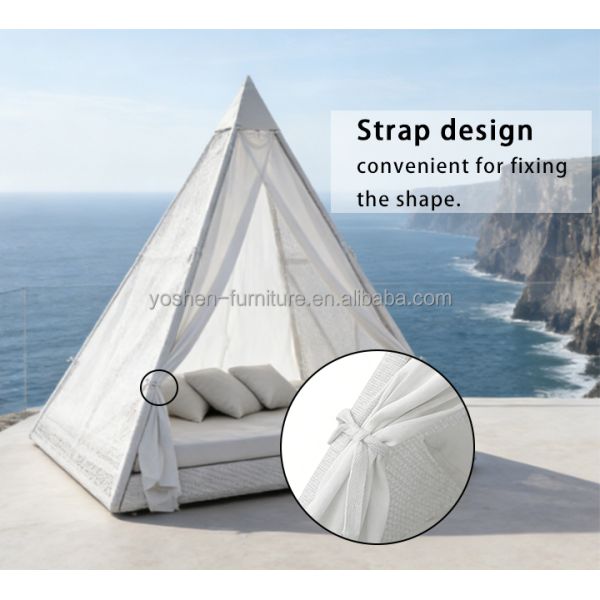 Triangular Patio Cabana With Curtain Wicker Plastic Canopy Sunbed Backyard Rattan UV Resist Day Bed