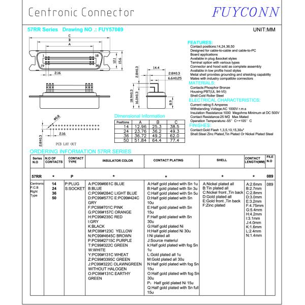Тип MD R/A соединителя Pin PCB 36 Centronics мужской формирует тангаж раковины 2.16mm