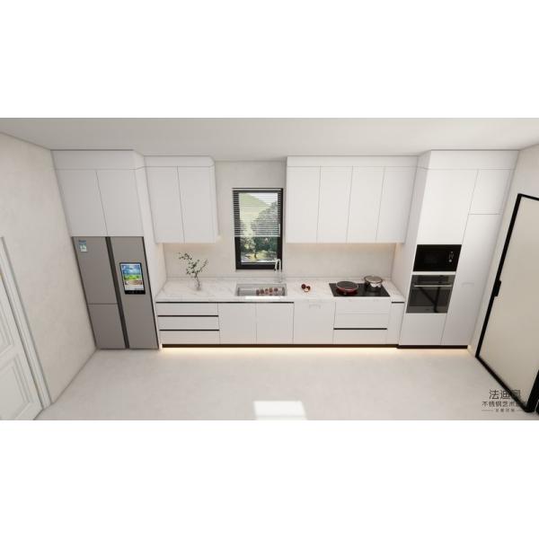 White Stainless Steel Kitchen Cabinets Modern One-Wall Design With Built-In Appliances