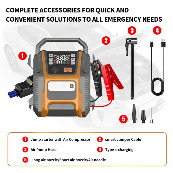 Multi Function Air Pump Tire Inflator 53600mAh Car Jump Starter  Digital 150PSI Electric Tire Pump