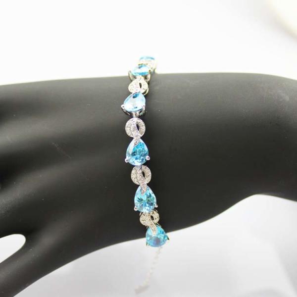 Sterling Silver Created Blue Topaz Clear CZ Diamonds Tennis Bracelet(B02BLUE)