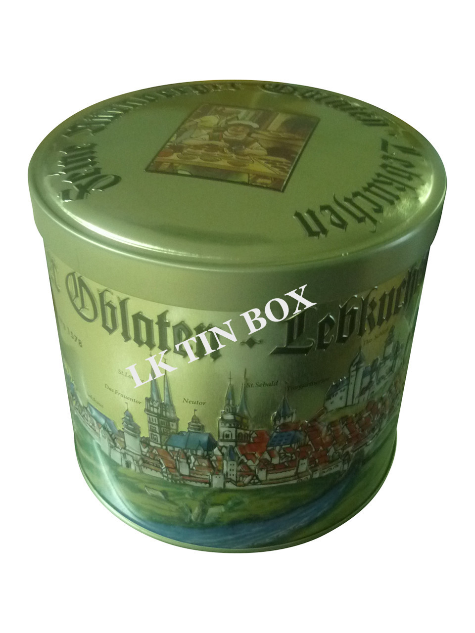 Food Grade Round Tinplate Cookie Tin Box Printing With Rolled In Edge Lid