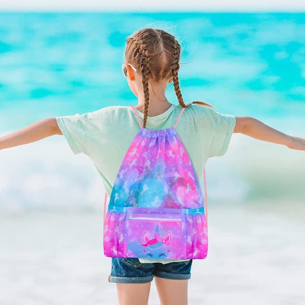 Mesh Drawstring Backpack Bag with Zipper Pocket Beach Bag for Swimming Gear Backpack Gym Storage Bag for Kids