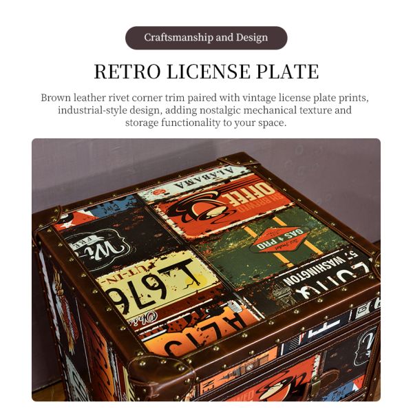 Nidea #8518 Handcrafted Durable Multi-Purpose Vintage Wood Antique Home Furniture Living Room Cabinet Retro License Plate Design Featuring