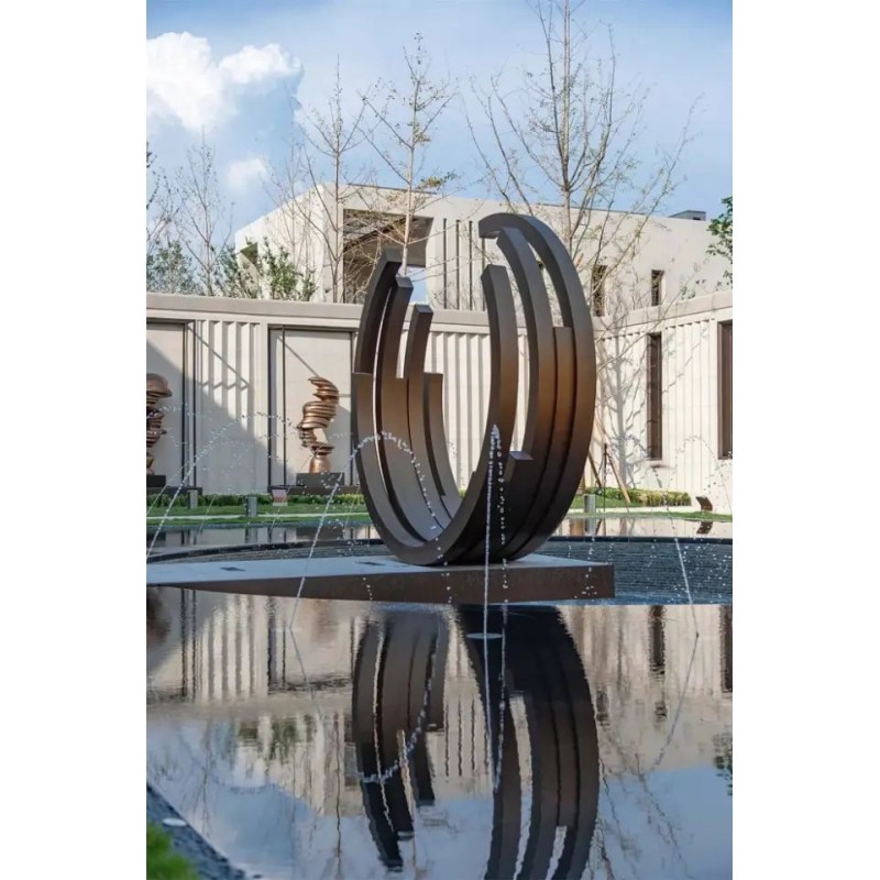 Custom Stainless Steel Fountain Sculpture 316L Hoop Design for Luxury Real Estate and Architectural Outdoor Decorative Applications