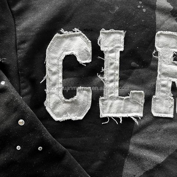 Camiseta personalizada Rhinestone Distressed Unisex bordado Manga larga doble capas camiseta de gran tamaño pesado para hombres