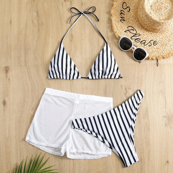 S-Xl Size Nylon Fabric Three Piece Swimwear For Swimming Black Strip Comfortable In Stock Durable Fashion
