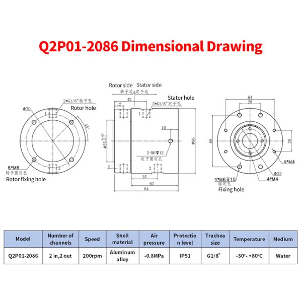 2-Channel Gas Rotary Union with Aluminum Alloy Housing for 20 Million Rotations in Water and Air Transfer