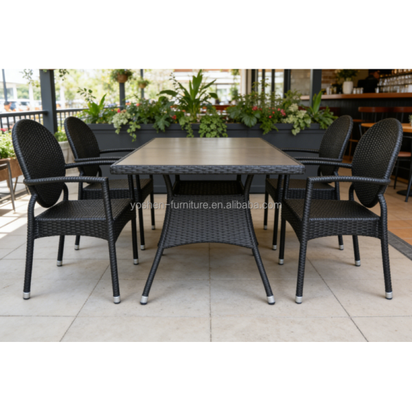 Yoshen French Bistro Chair Blue Outdoor Black Rattan Dining Arm Chair Lightweight Durable Stackable Contemporary Metal