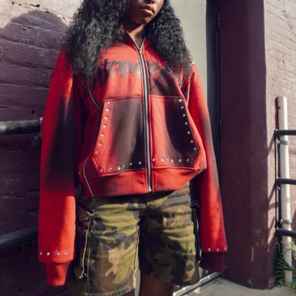 Servicio OEM Rhinestone Zip Up Hoodie Acid Wash Diamante Rojo Hoodie 100% de algodón