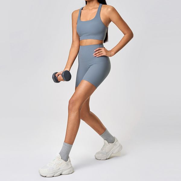 Women's Ribbed Sports Bra High Waisted Biker Shorts Set Seamless Moisture Wicking