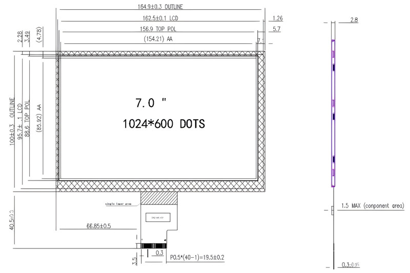7 дюймовый 40 пинный LVDS TFT LCD дисплей CTP Экран с 1024x600 пикселями