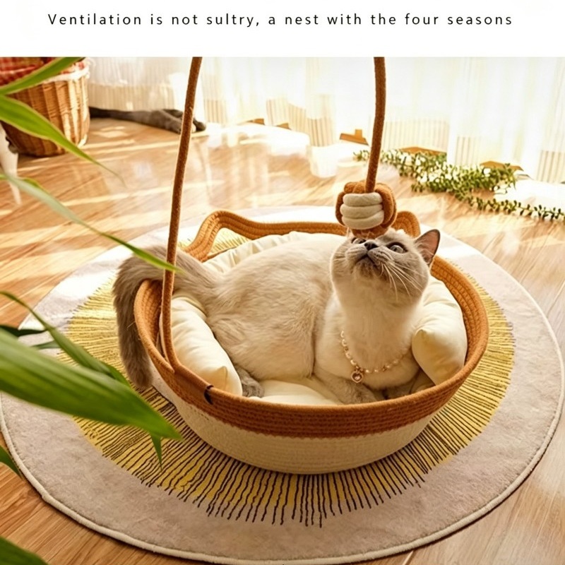 Cotton Rope Handwoven Basket Pet Cushion With Toy Balls Cat Bed