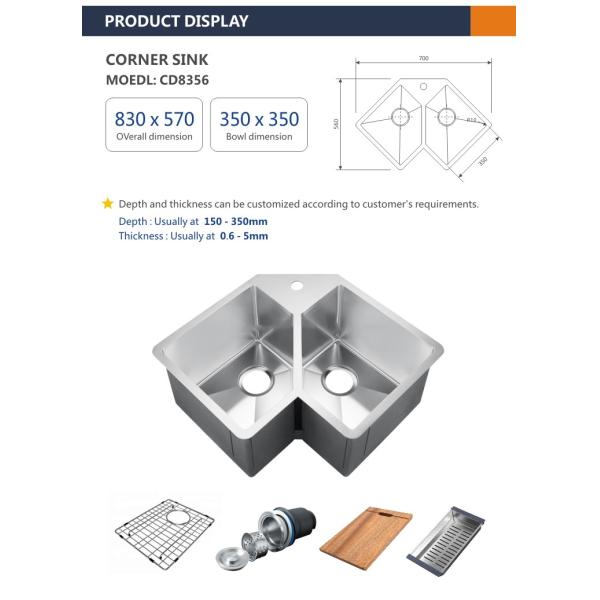 Brushed Stainless Steel Corner Double Bowl Kitchen Sink 16 Gauge 83x56