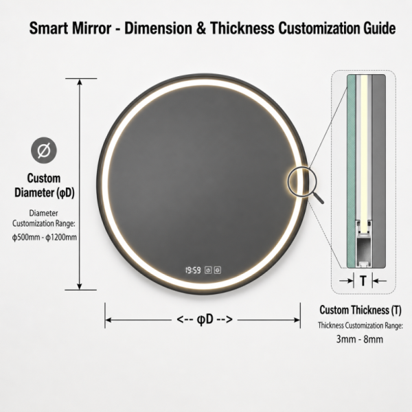 Kingstin Round Smart LED Mirror, Ultra-Thin Aluminum Frameless, Anti-Fog Vanity Mirror with Bluetooth, Time, 3-Color Dimmable