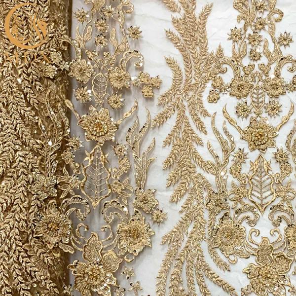 Luxury Gold Heavy Beaded Shiny Lace Fabric For Women Party Dresses