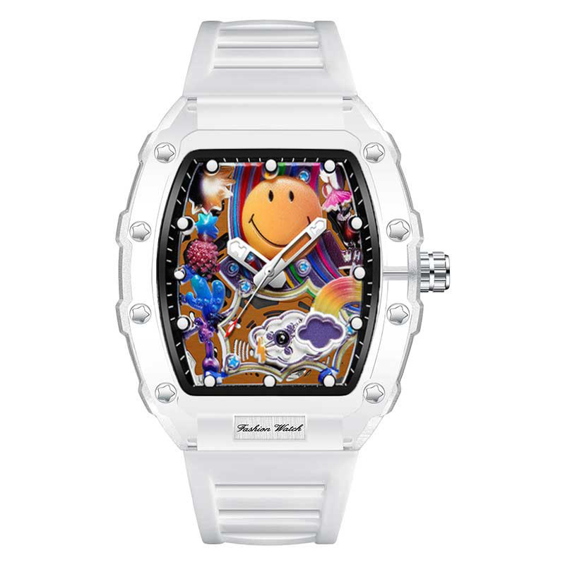 Men White Tonneau Barrel Quartz Watch Colorful Graffiti Smiley Face Hollow Dial Hip Hop Street Fashion Waterproof Silicone Strap Wristwatch