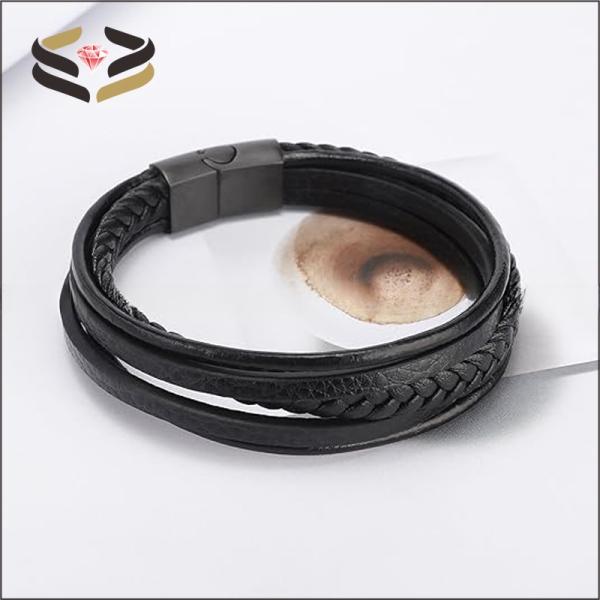 Clasp Closure Mens Leather Bracelet With Cowhide Multilayer Braided Design