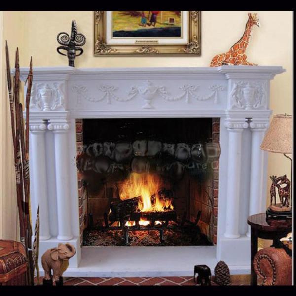 Electric marble fireplace mantel surrounds with stone figure carvings,China marble fireplace supplier