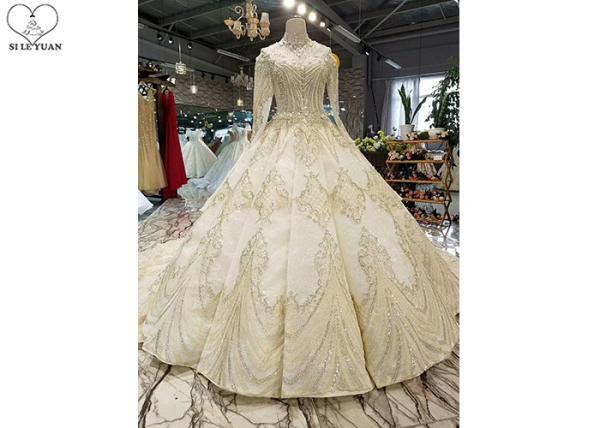 High Neck Ivory Ball Gown Wedding Dress Backless Long Sleeve Gold Beading