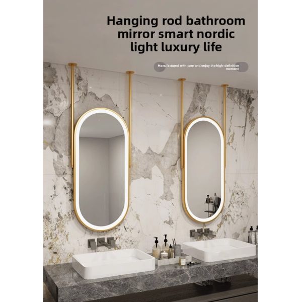 Hotel-Grade Oval Double Rod Suspended Stainless Steel Frame Bathroom Ceiling Mirror Rectangle IP44 Modern Touch Switch for Villa