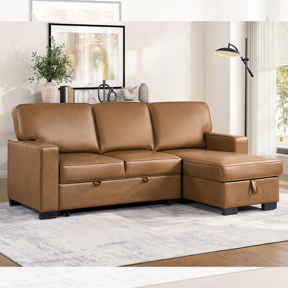 L-Shaped Reversible Sectional Sleeper Sofa with Pull-Out Bed and Dropdown Table and Storage, Brown Faux Leatherette