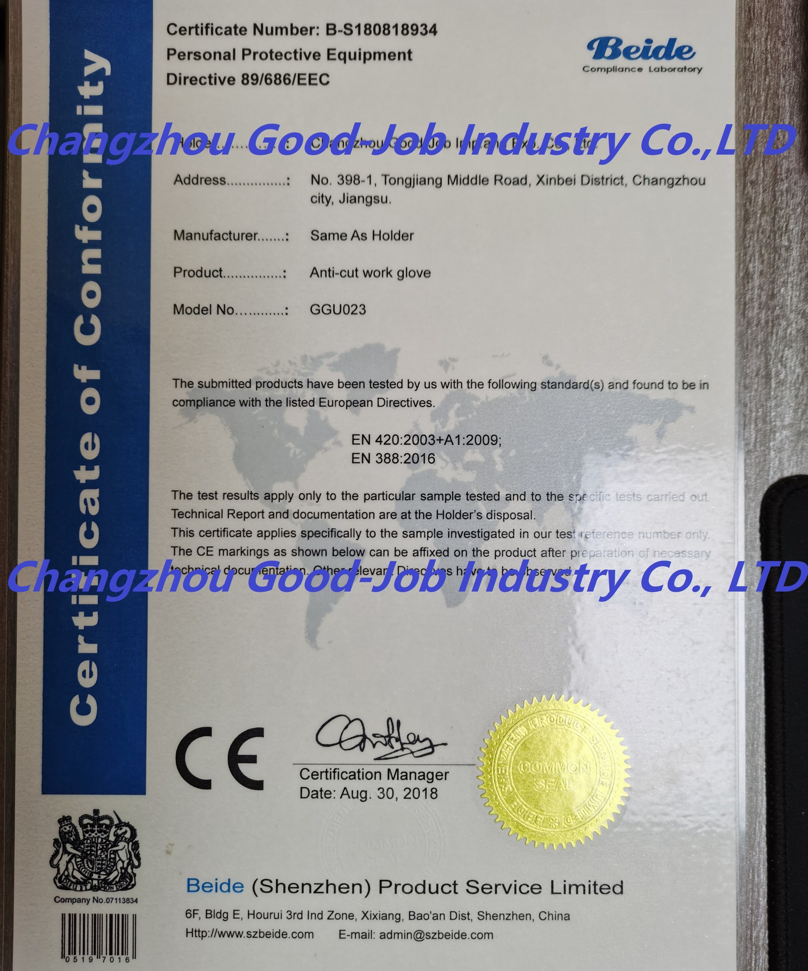 CHANGZHOU GOOD-JOB INDUSTRY CO., LTD. Сертификации