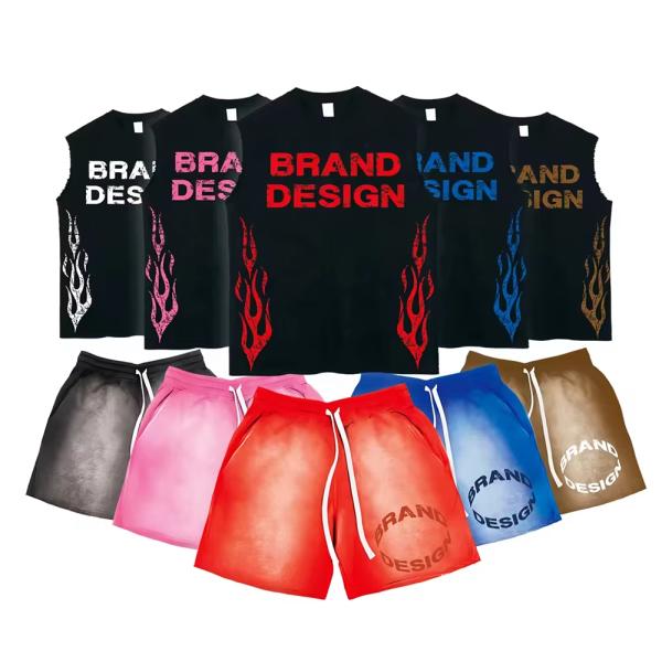 Acid Wash Short Set Vintage Streetwear Impresión de pantalla Drop Shoulder Baño de algodón T-shirt masculino Conjuntos de camisetas sin mangas y pantalones cortos