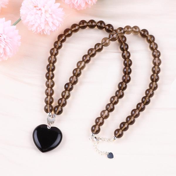 8mm Bead Black Obsidian Smoky Quartz Crystal Stone Necklace