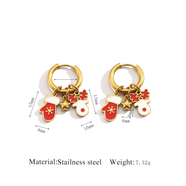 Stainless Steel 18K Gold Plated Christmas Series Design Hoop Earring Cute Santa Claus Christmas Tree Charms Jewelry Earrings