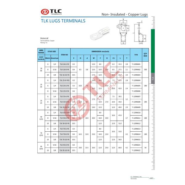 Crimped Mechanical Cable Lugs For Electrical Connections Non Insulated Copper Lugs TLK LUGS Terminals