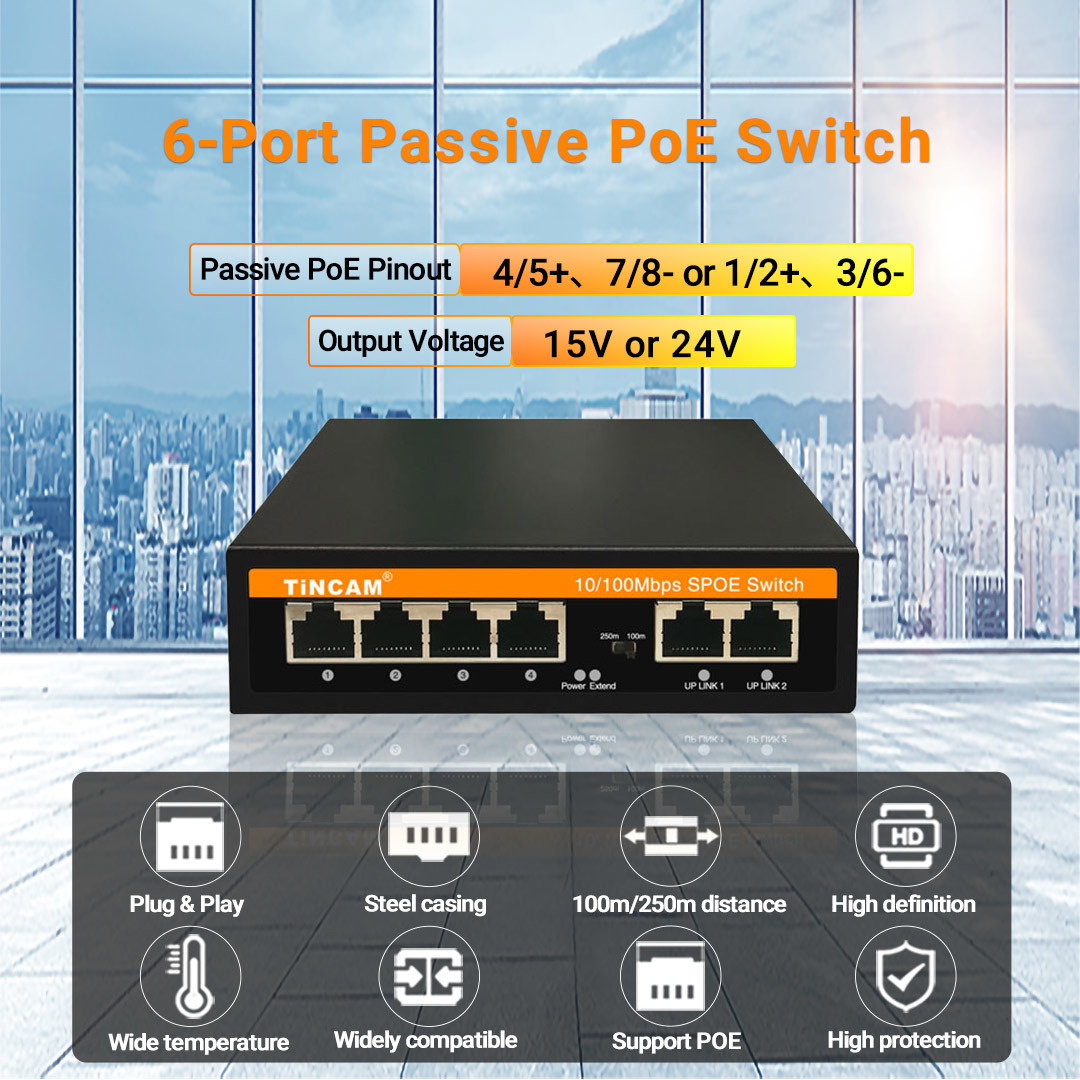 4-port Fast Ethernet Passive Poe Switch 4×10/100mbps Non-standard Poe Ports + 2×10/100mbps Uplink Ports 24v 48w 250m Extend Mode For Building Intercom Systems TBC-EFP4206N-V