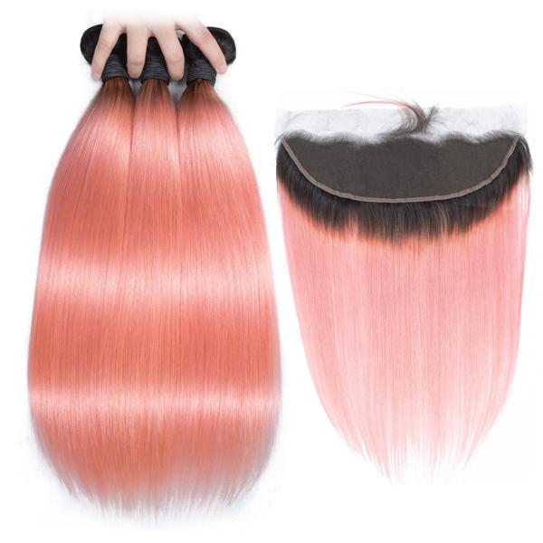 Pink Front Ombre Human Hair Extensions Silk 10A Grade Tangle Free