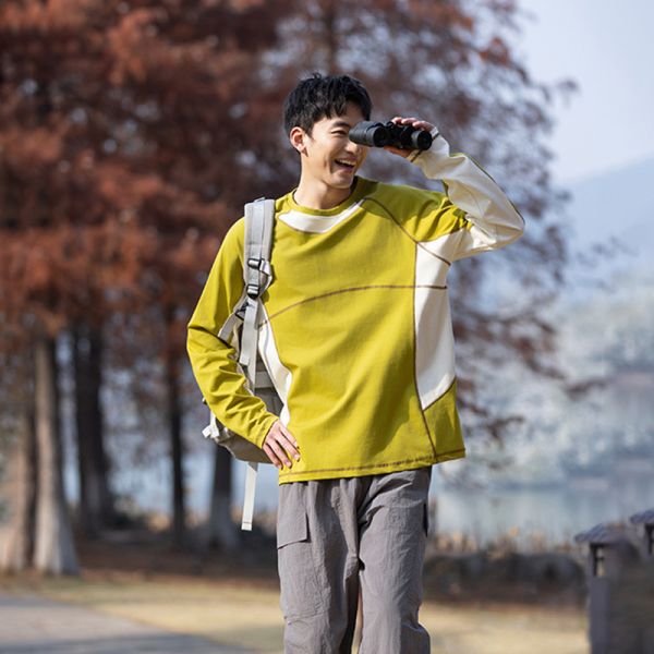 Autumn Outdoor Contrast Color Splicing Sorona Tech Casual Top With Hassel Stitching Line