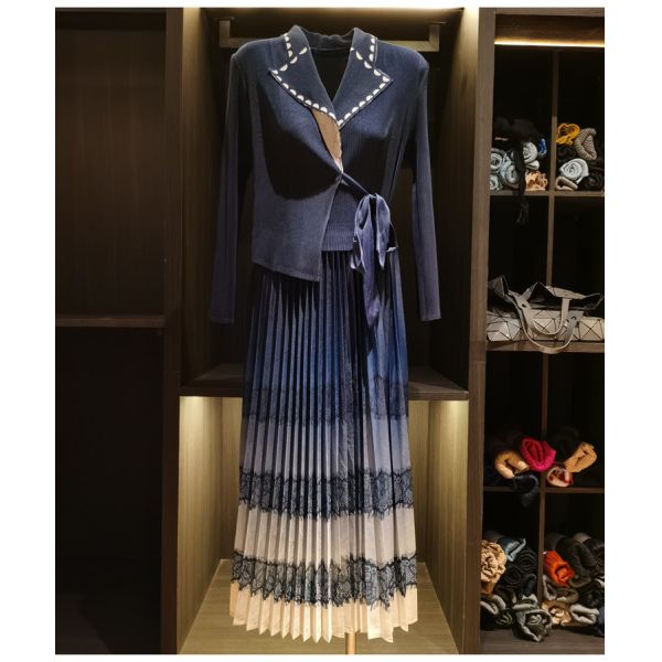 Autumn New Elegant Color-Blocking Printed Pleated Faux Two-Piece Dress Plus Size Casual Chiffon Lace Long Sleeves Suit Collar