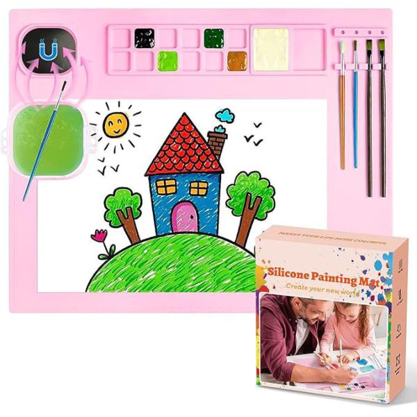 Pink Kids Art Silicone Painting Mat And Brush Cleaner Tool Customized Logo